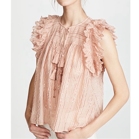 Ulla Johnson Blush Pink Metallic Stripe Ruffle Sleeve Tie Neck Cora Top Blouse - Picture 13 of 14